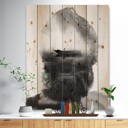 Floating Boat in Man Portrait - Glamour Painting Print on Natural Pine Wood