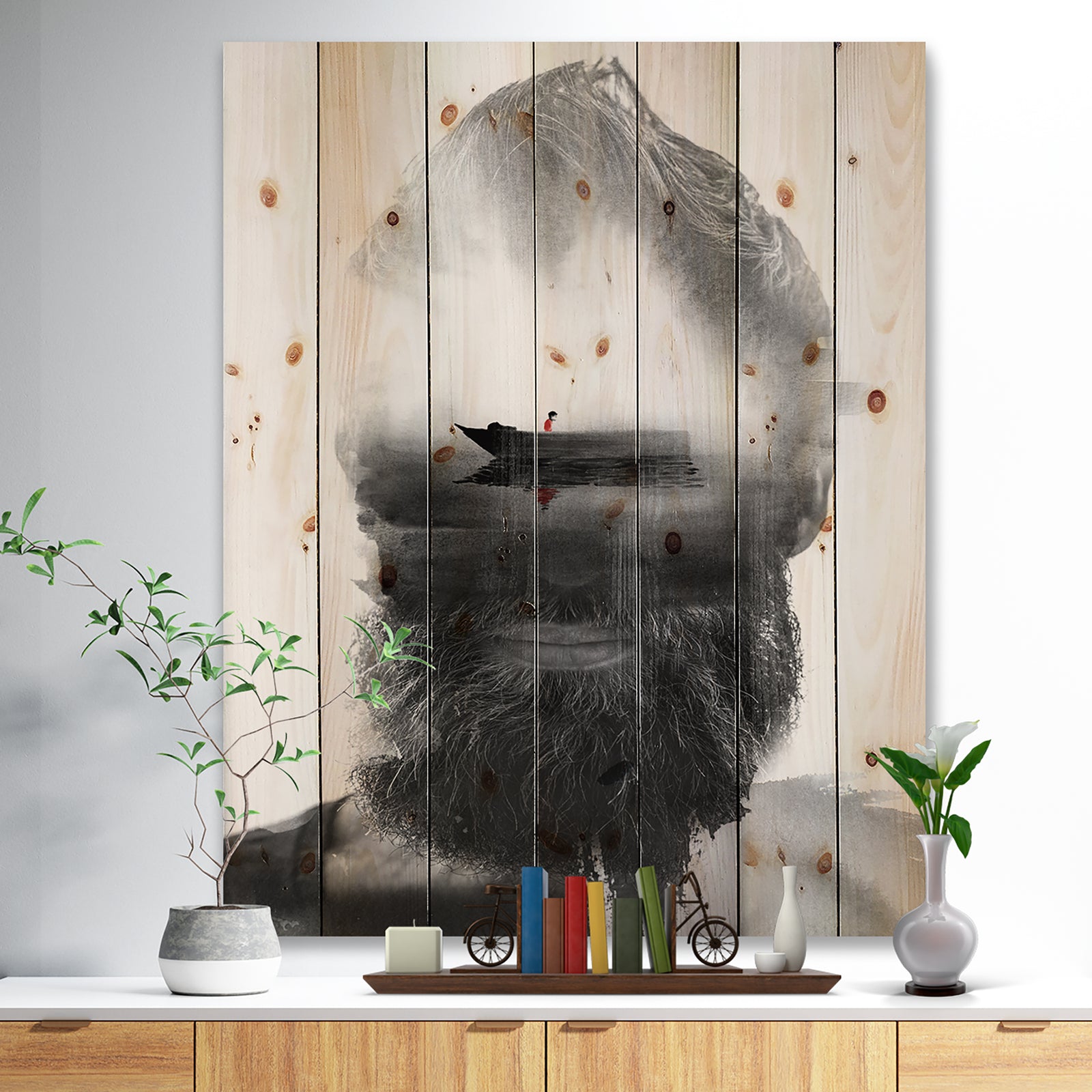 Floating Boat in Man Portrait - Glamour Painting Print on Natural Pine Wood