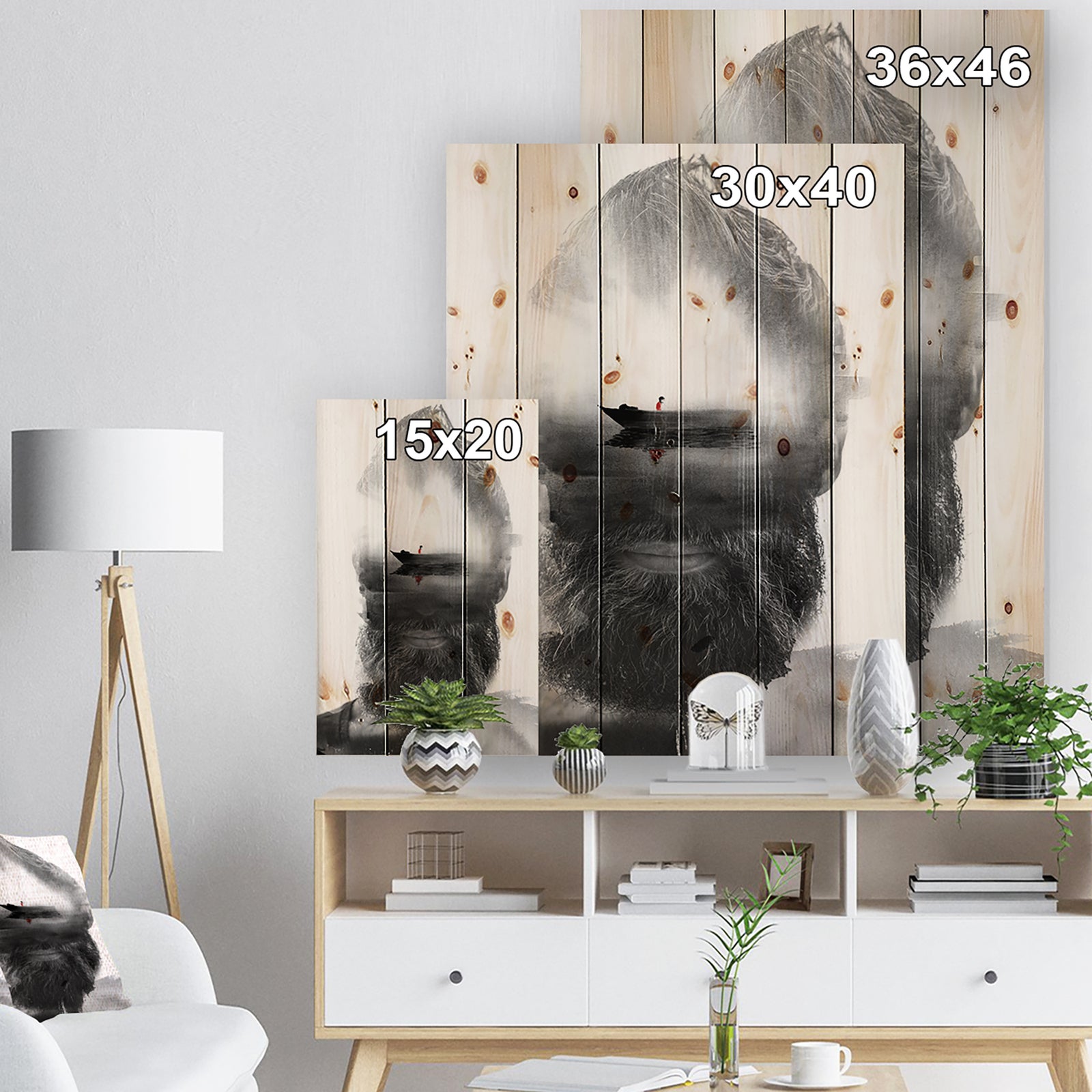 Floating Boat in Man Portrait - Glamour Painting Print on Natural Pine Wood