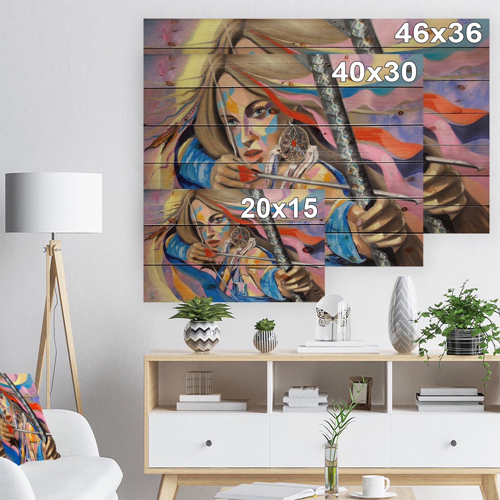 Woman Portrait Dream Catcher - Glamour Painting Print on Natural Pine Wood