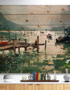Jetty and fishing boats at harbor - Nautical Sea & Shore Print on Natural Pine Wood