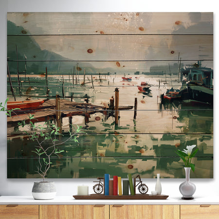 Jetty and fishing boats at harbor - Nautical Sea & Shore Print on Natural Pine Wood