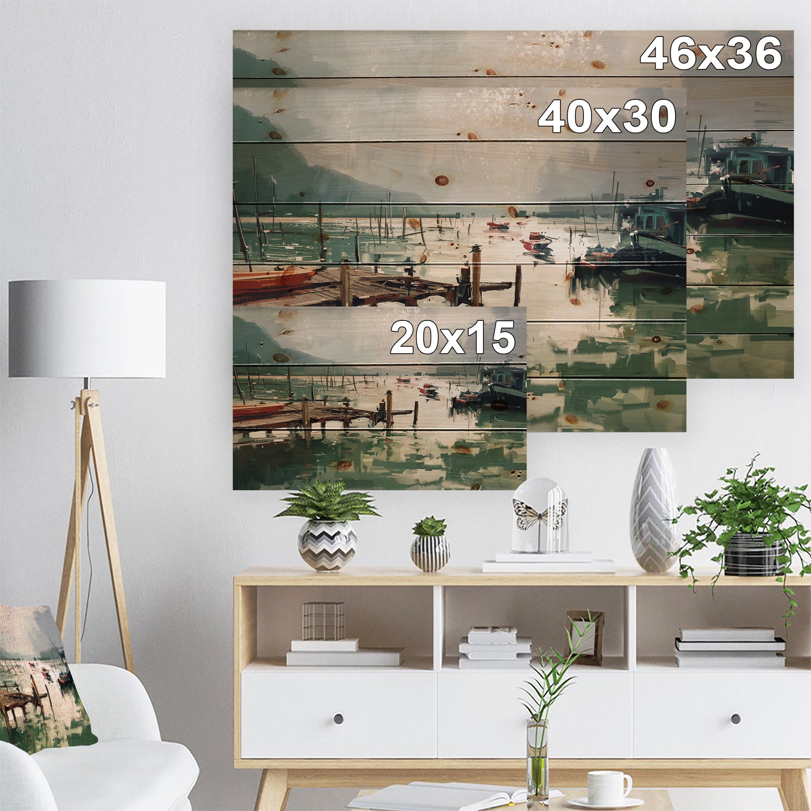 Jetty and fishing boats at harbor - Nautical Sea & Shore Print on Natural Pine Wood