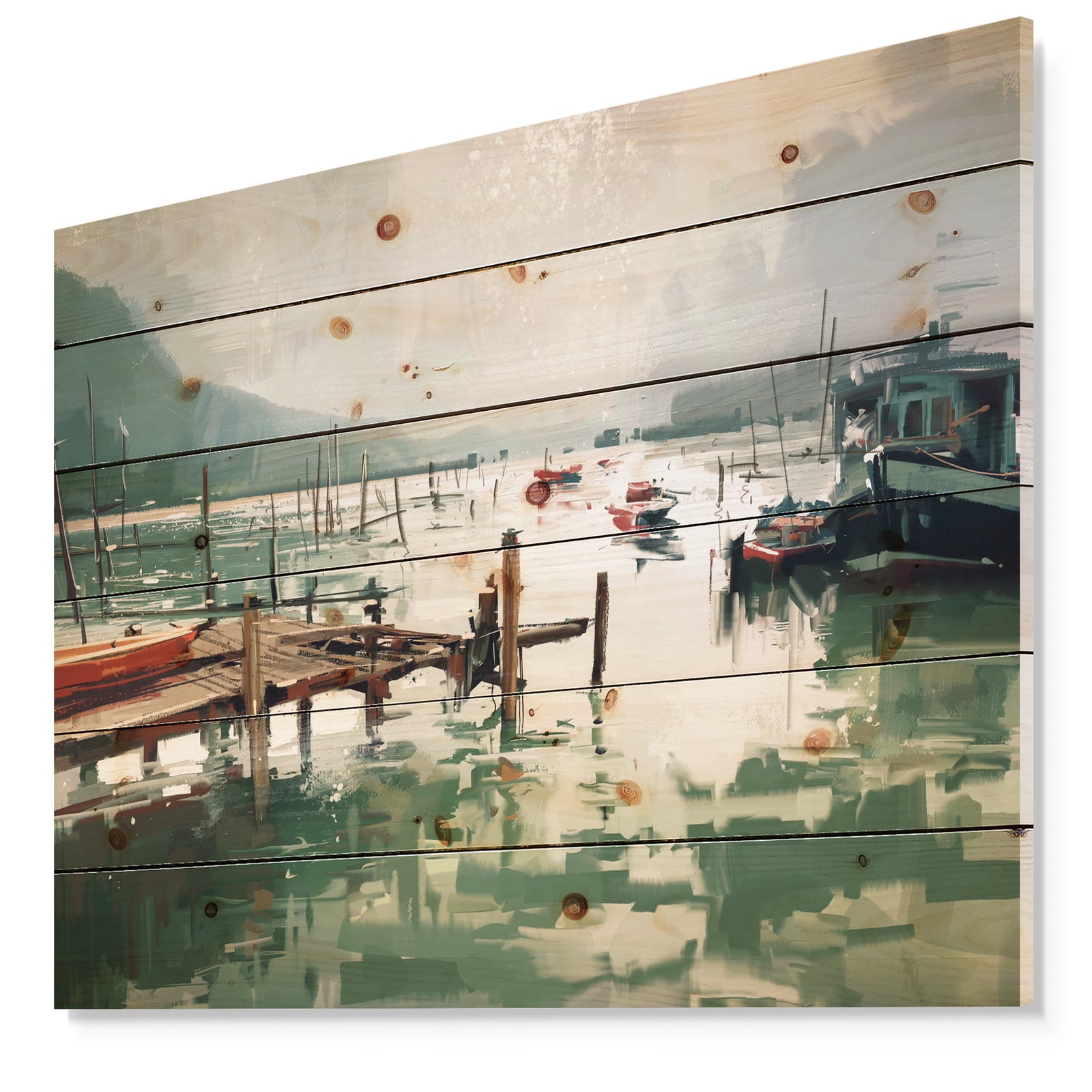 Jetty and fishing boats at harbor - Nautical Sea & Shore Print on Natural Pine Wood