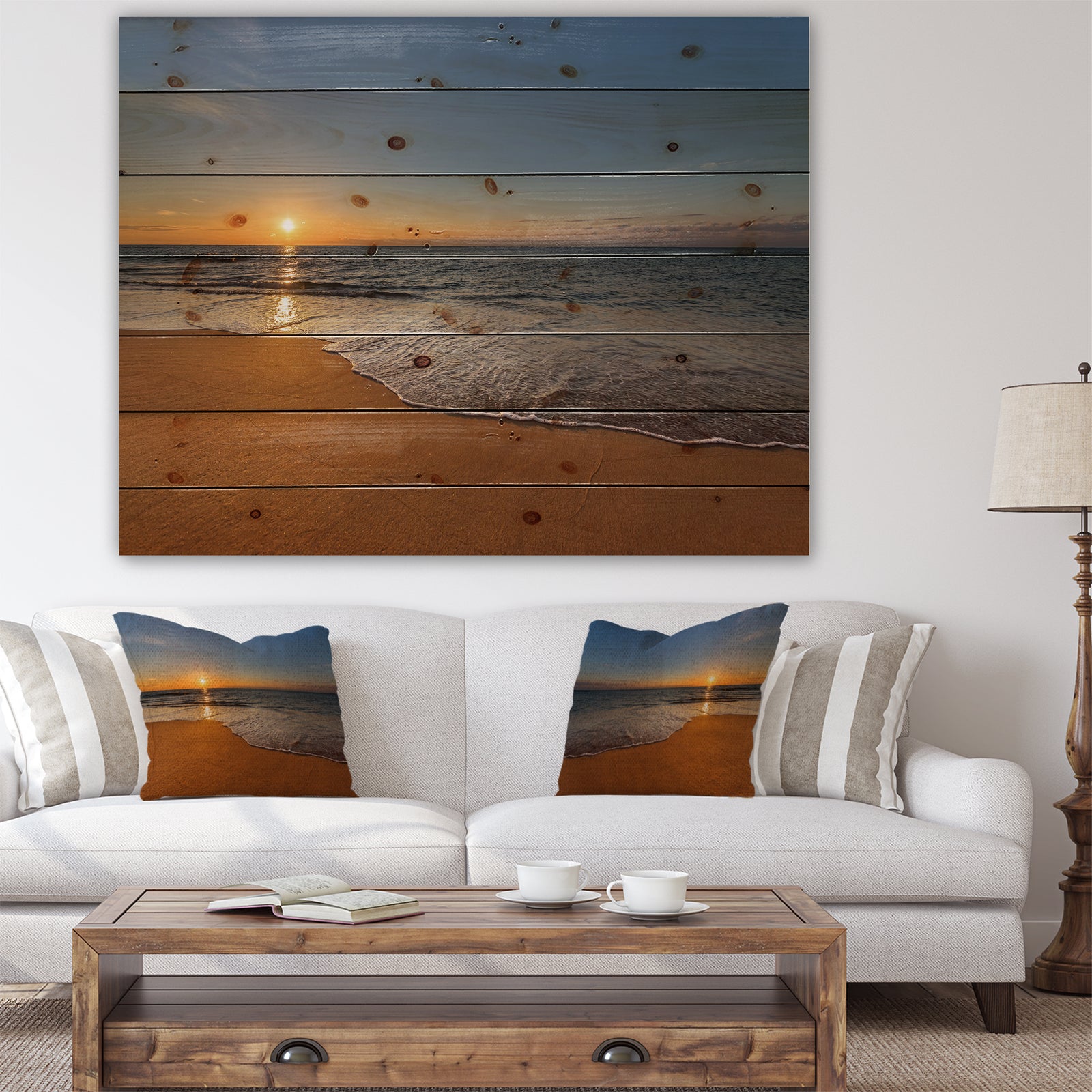 West Cost Sunset Over the Sea - Landscapes Sea & Shore Print on Natural Pine Wood