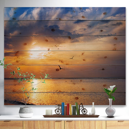 West Cost Sunrise Over The seas - Landscapes Sea & Shore Print on Natural Pine Wood