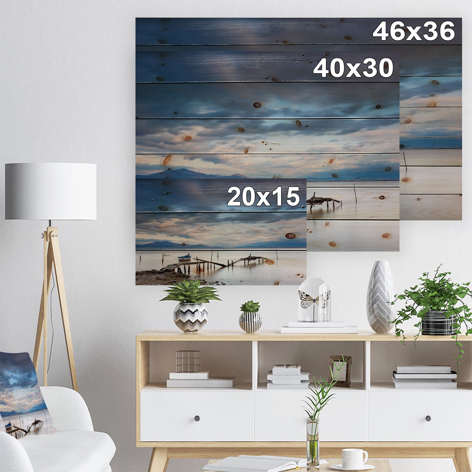 Magic Sunrise and Wooden Pier - Landscapes Sea & Shore Print on Natural Pine Wood