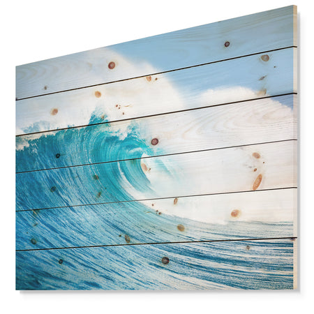 Blue Ocean Wave - Sea & Shore Print on Natural Pine Wood
