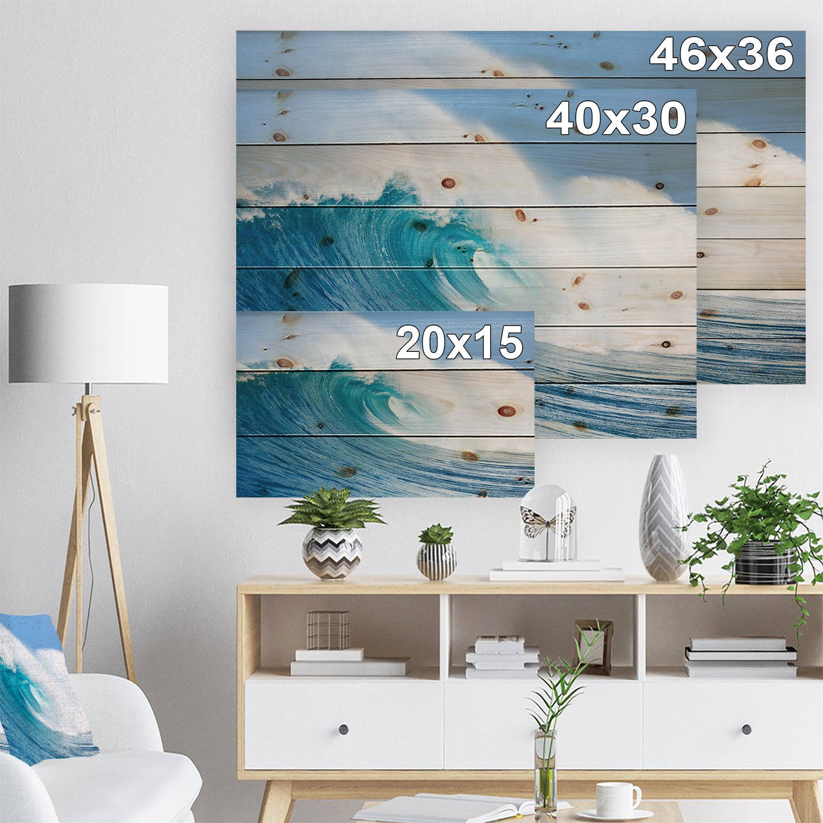 Blue Ocean Wave - Sea & Shore Print on Natural Pine Wood