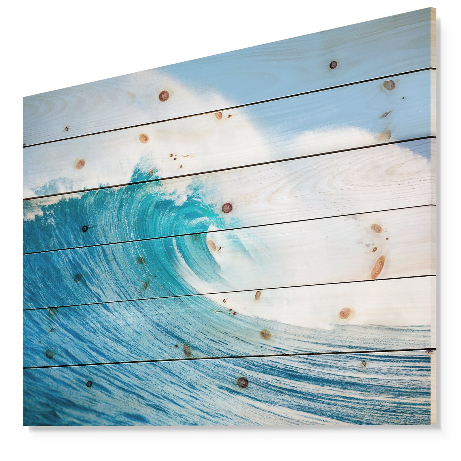 Blue Ocean Wave - Sea & Shore Print on Natural Pine Wood