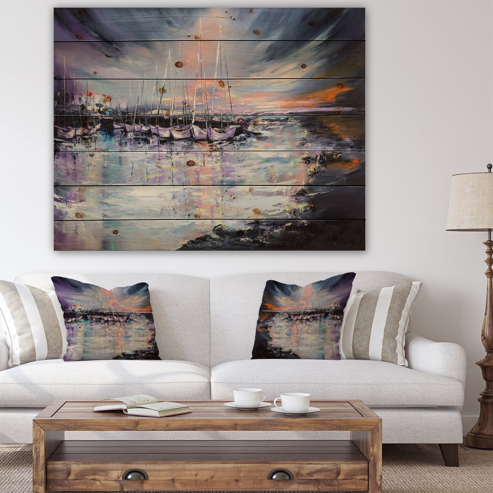 Marina bay Under Stormy Sunset - Sea & Shore Painting Print on Natural Pine Wood