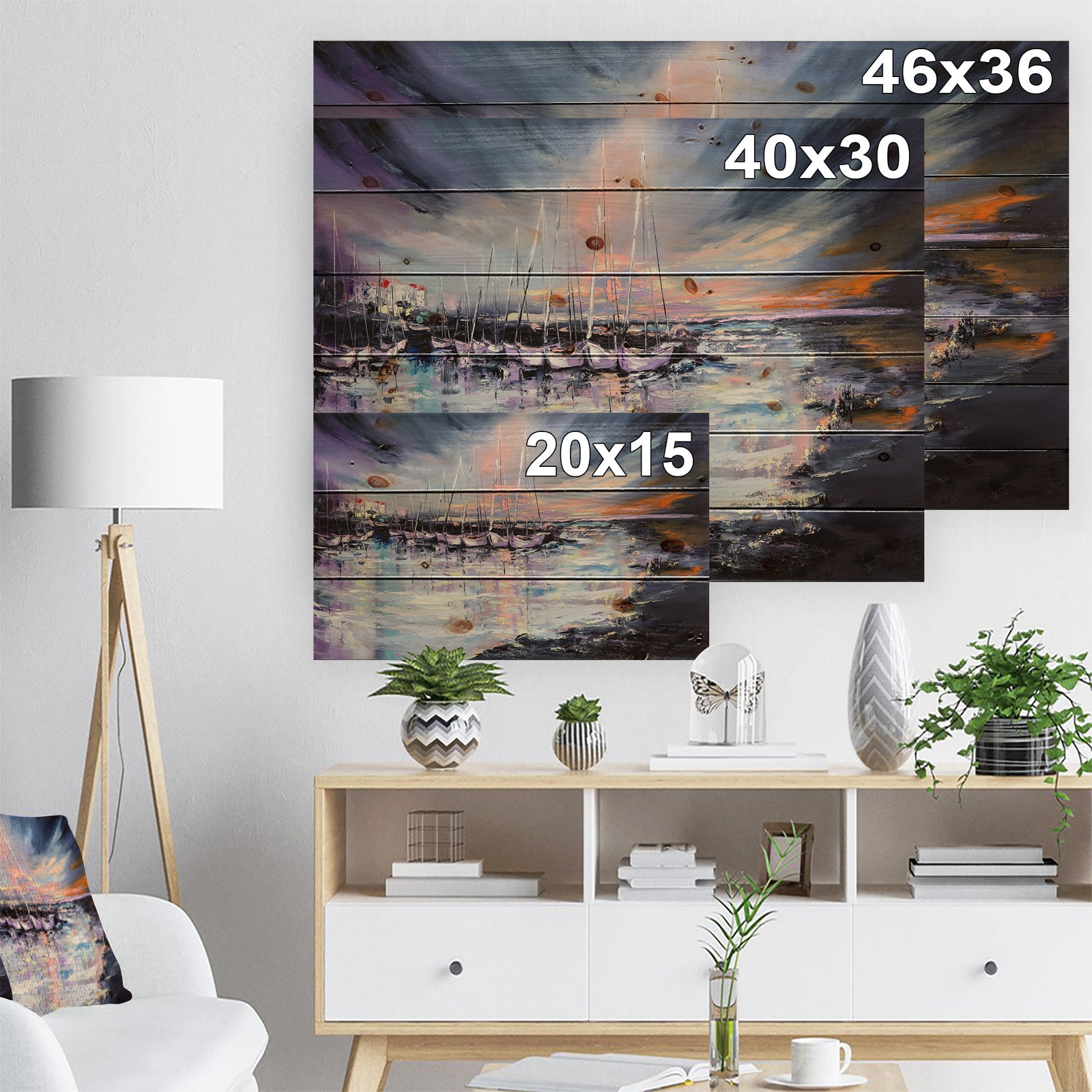 Marina bay Under Stormy Sunset - Sea & Shore Painting Print on Natural Pine Wood