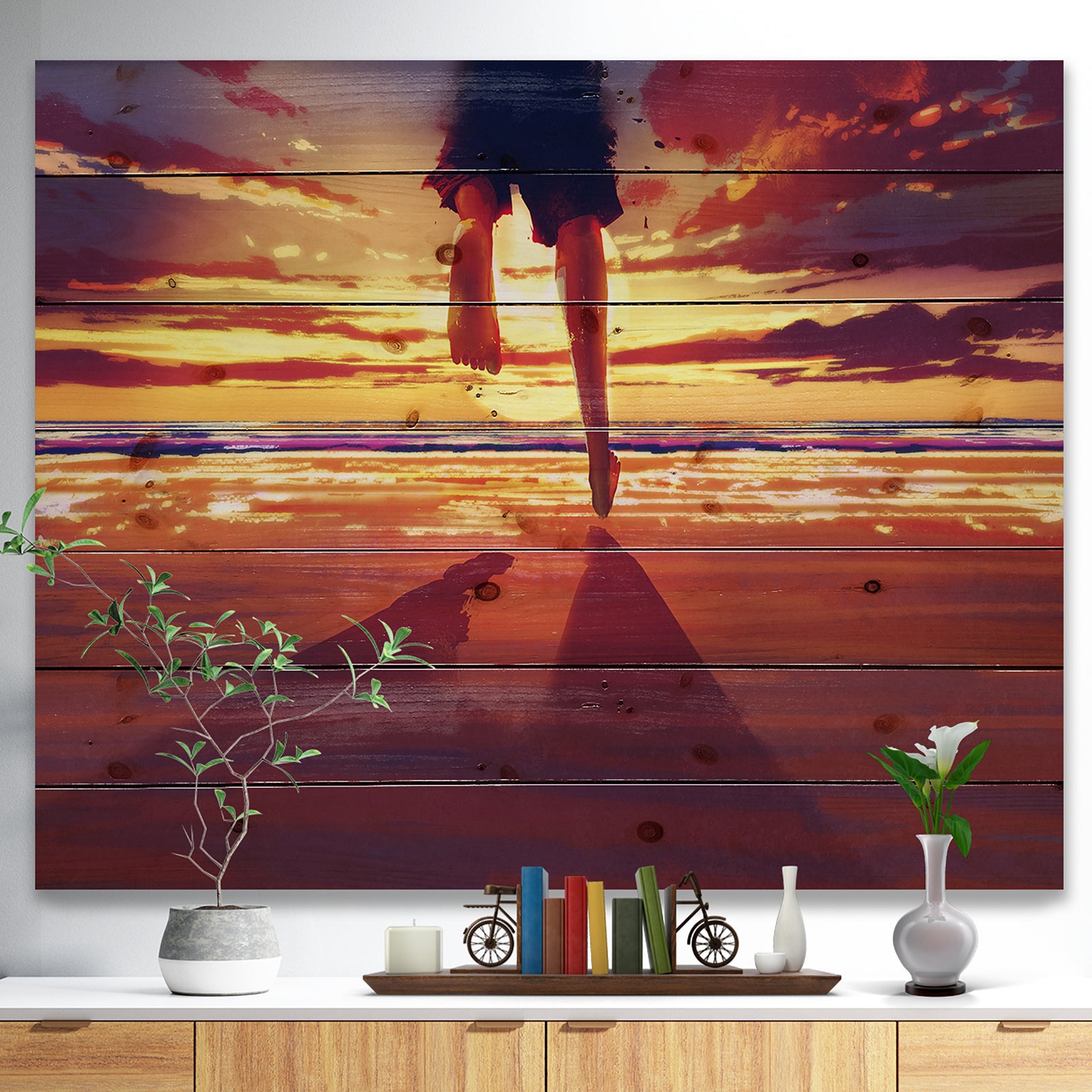 Man feet running in Sunset - People Sea & Shore Print on Natural Pine Wood
