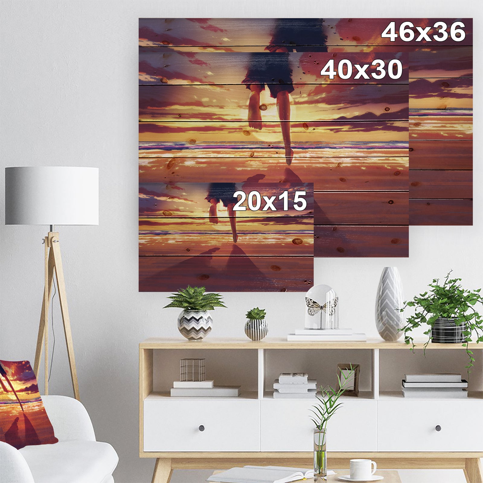 Man feet running in Sunset - People Sea & Shore Print on Natural Pine Wood