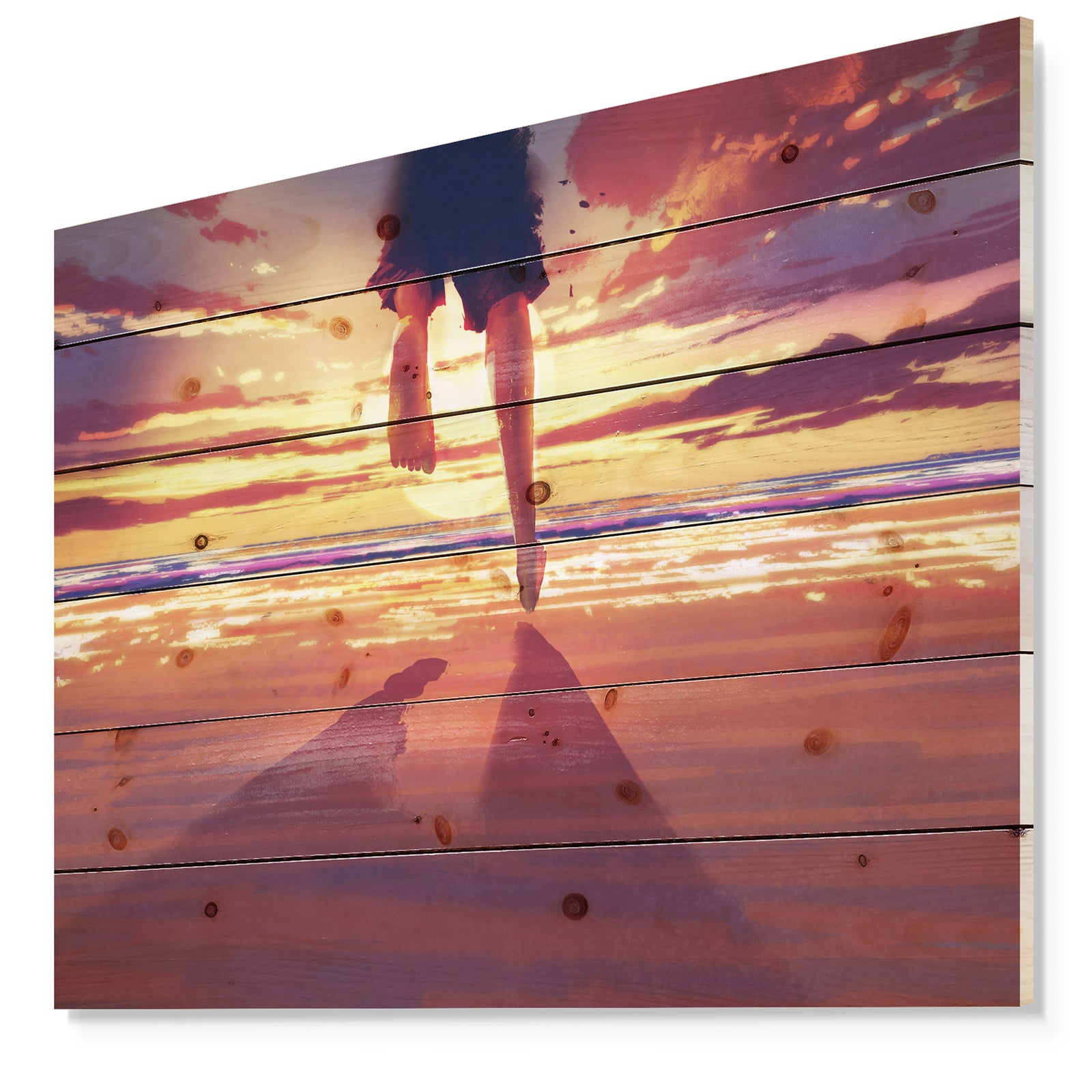 Man feet running in Sunset - People Sea & Shore Print on Natural Pine Wood