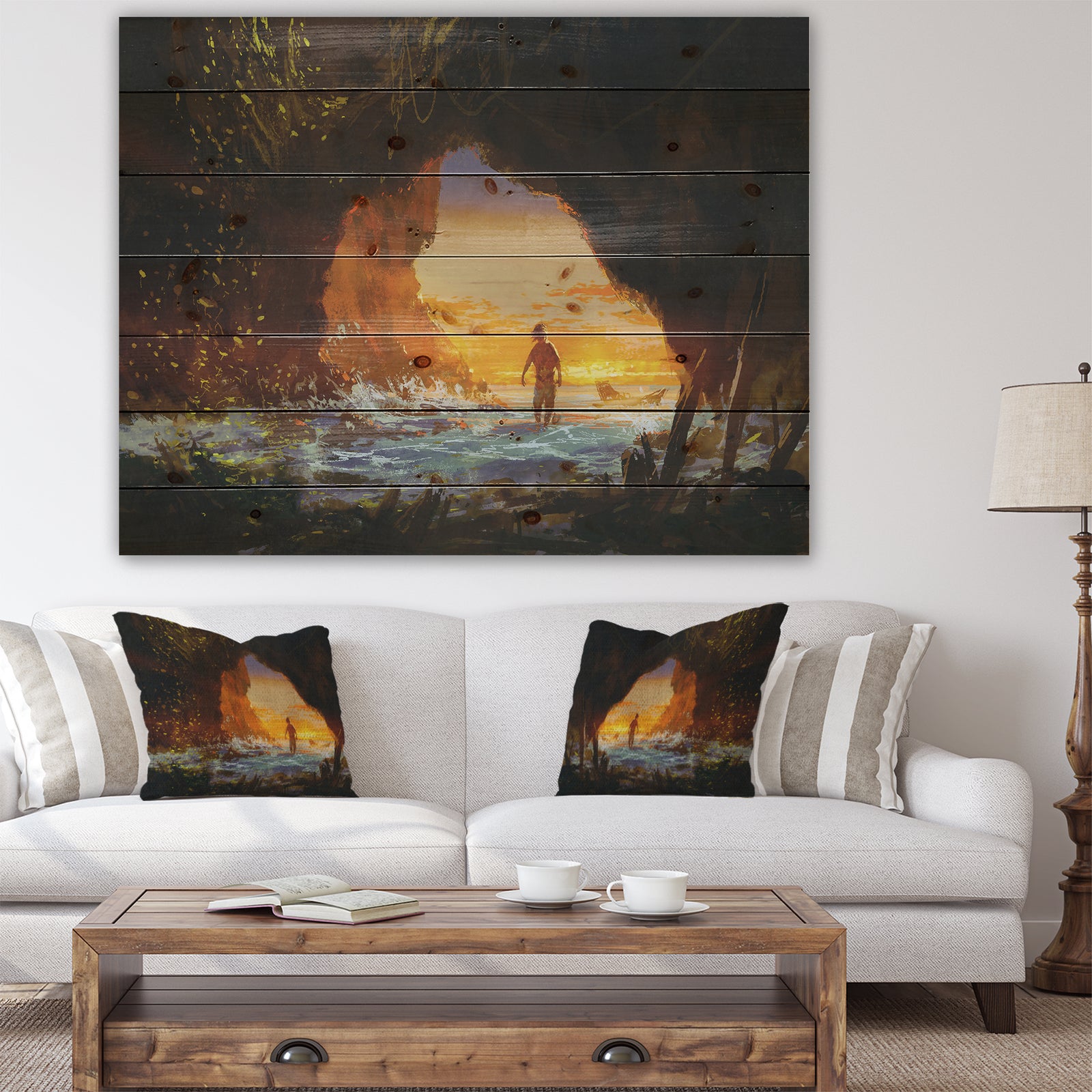 Man Walking in the Cave - Sea & Shore Print on Natural Pine Wood