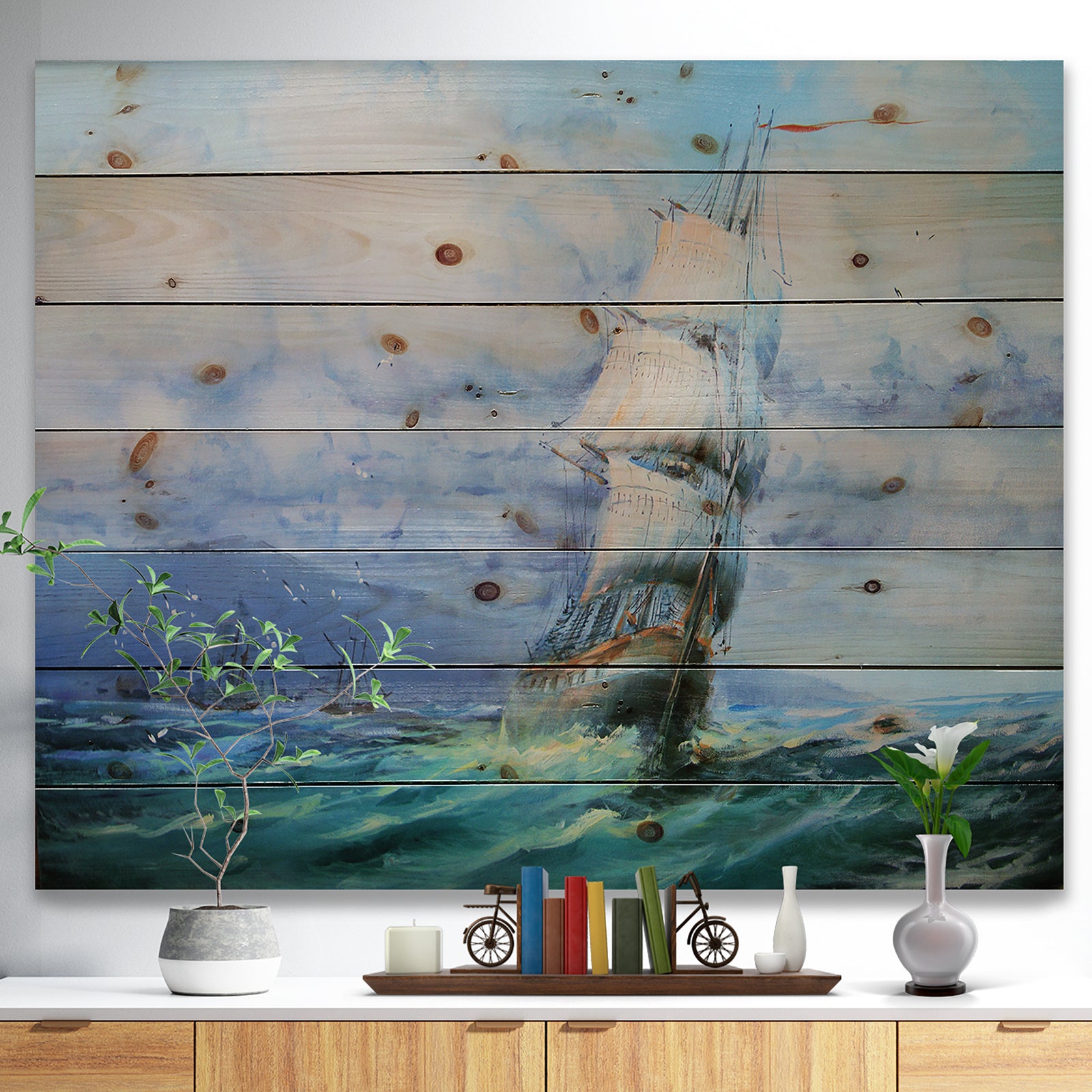 Large Sailboat - Sea & Shore Painting Print on Natural Pine Wood