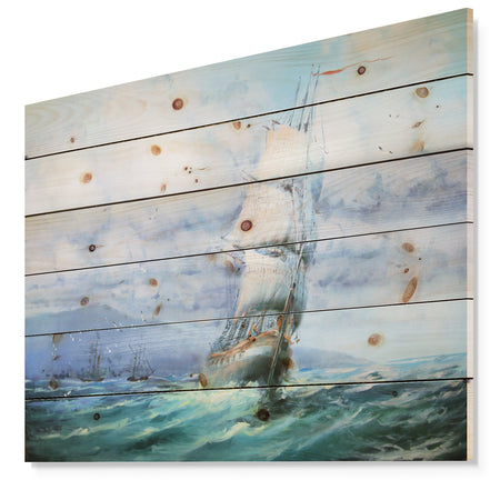 Large Sailboat - Sea & Shore Painting Print on Natural Pine Wood