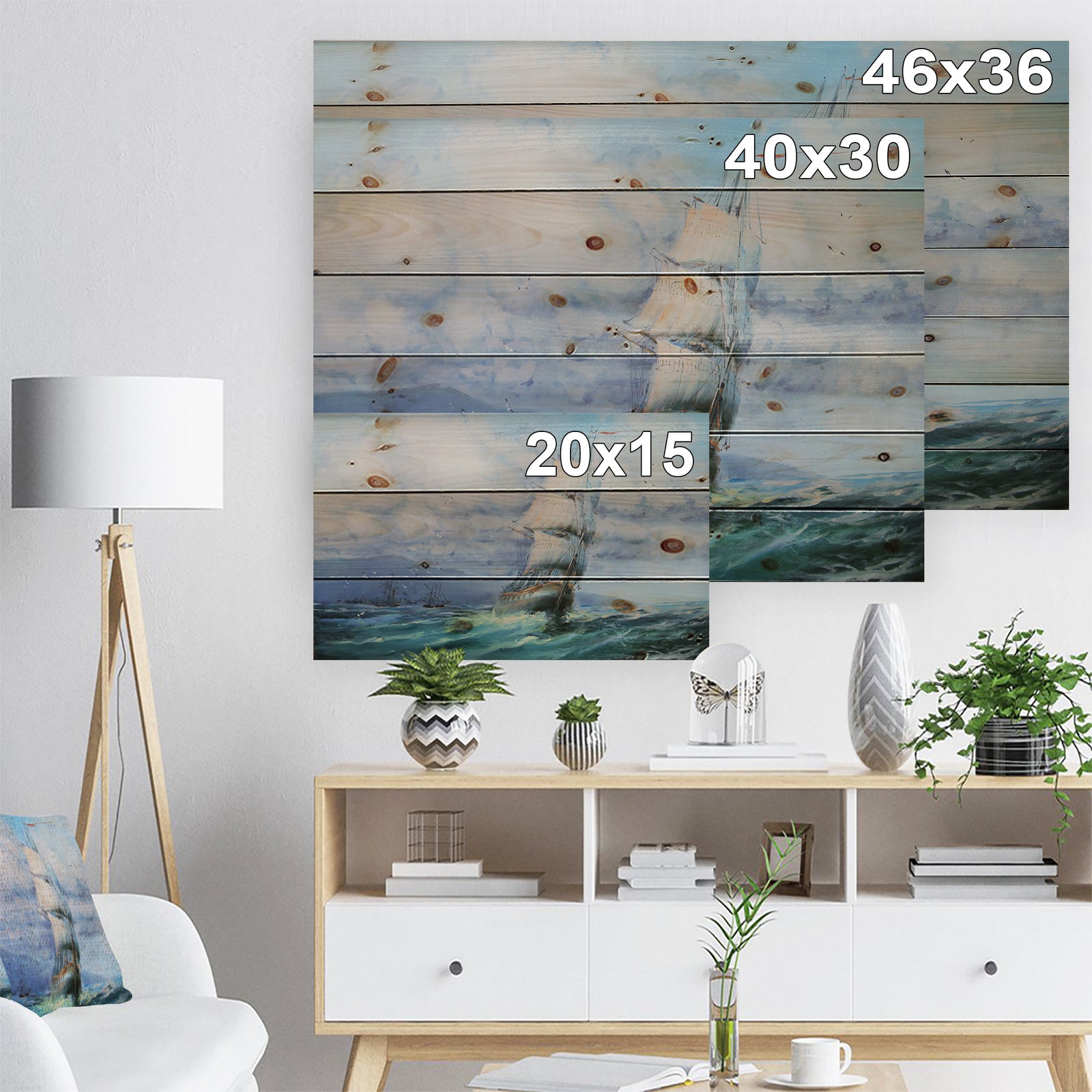Large Sailboat - Sea & Shore Painting Print on Natural Pine Wood