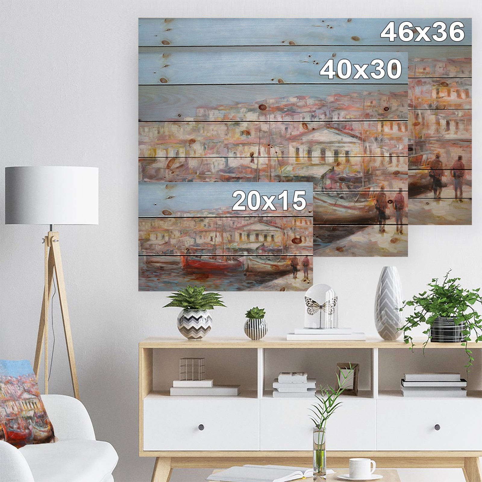 Red Boads In Vintage Village - Sea & Shore Painting Print on Natural Pine Wood