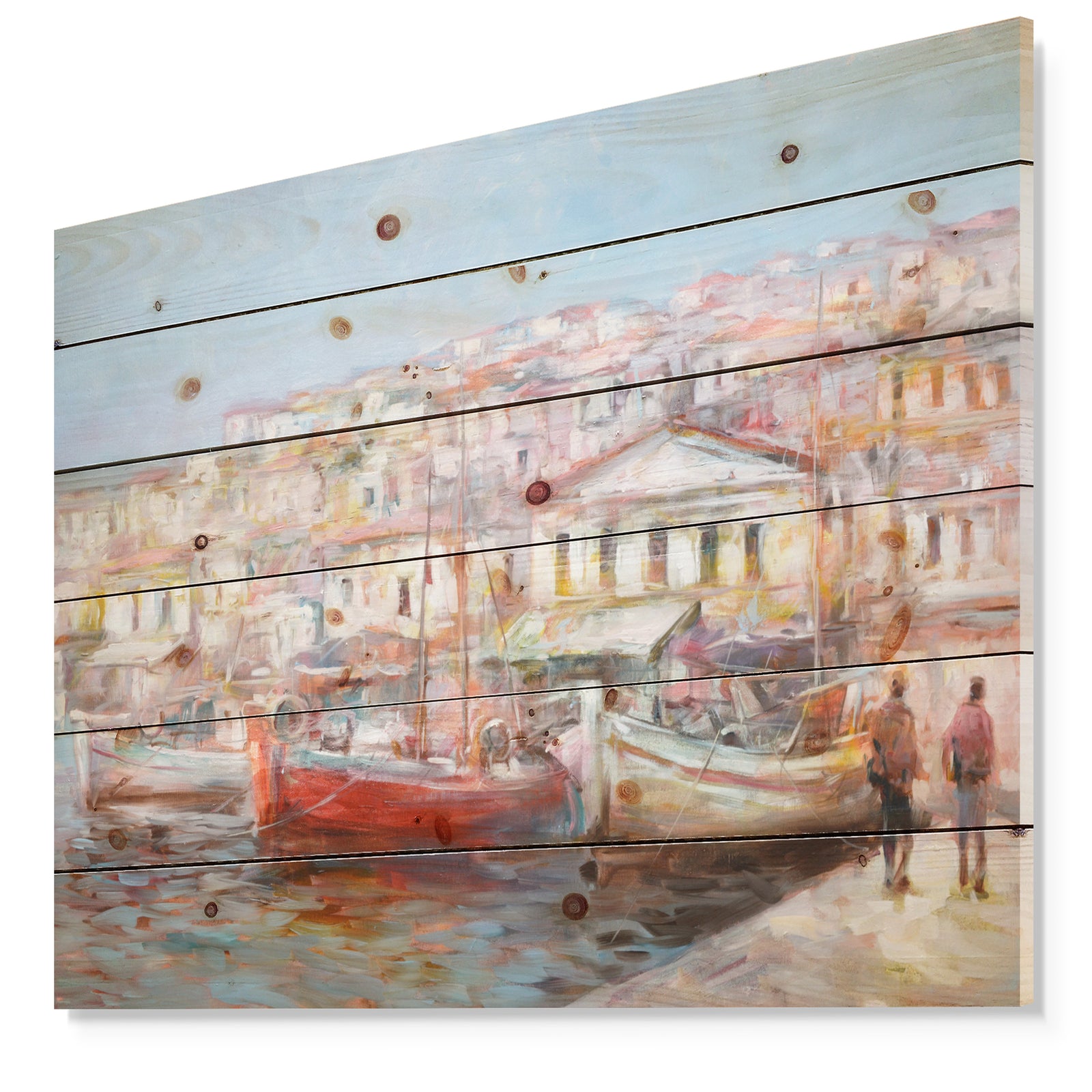 Red Boads In Vintage Village - Sea & Shore Painting Print on Natural Pine Wood