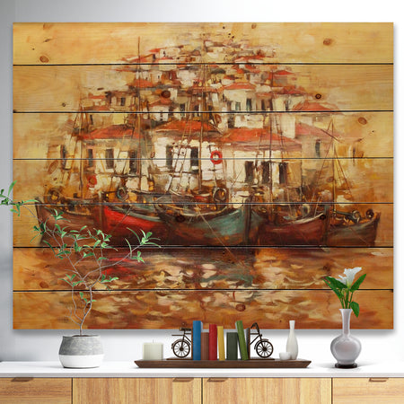 Boats on the island harbor Oil Painting - Sea & Shore Painting Print on Natural Pine Wood