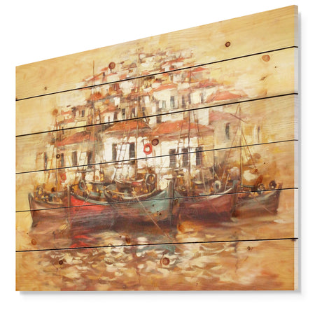 Boats on the island harbor Oil Painting - Sea & Shore Painting Print on Natural Pine Wood
