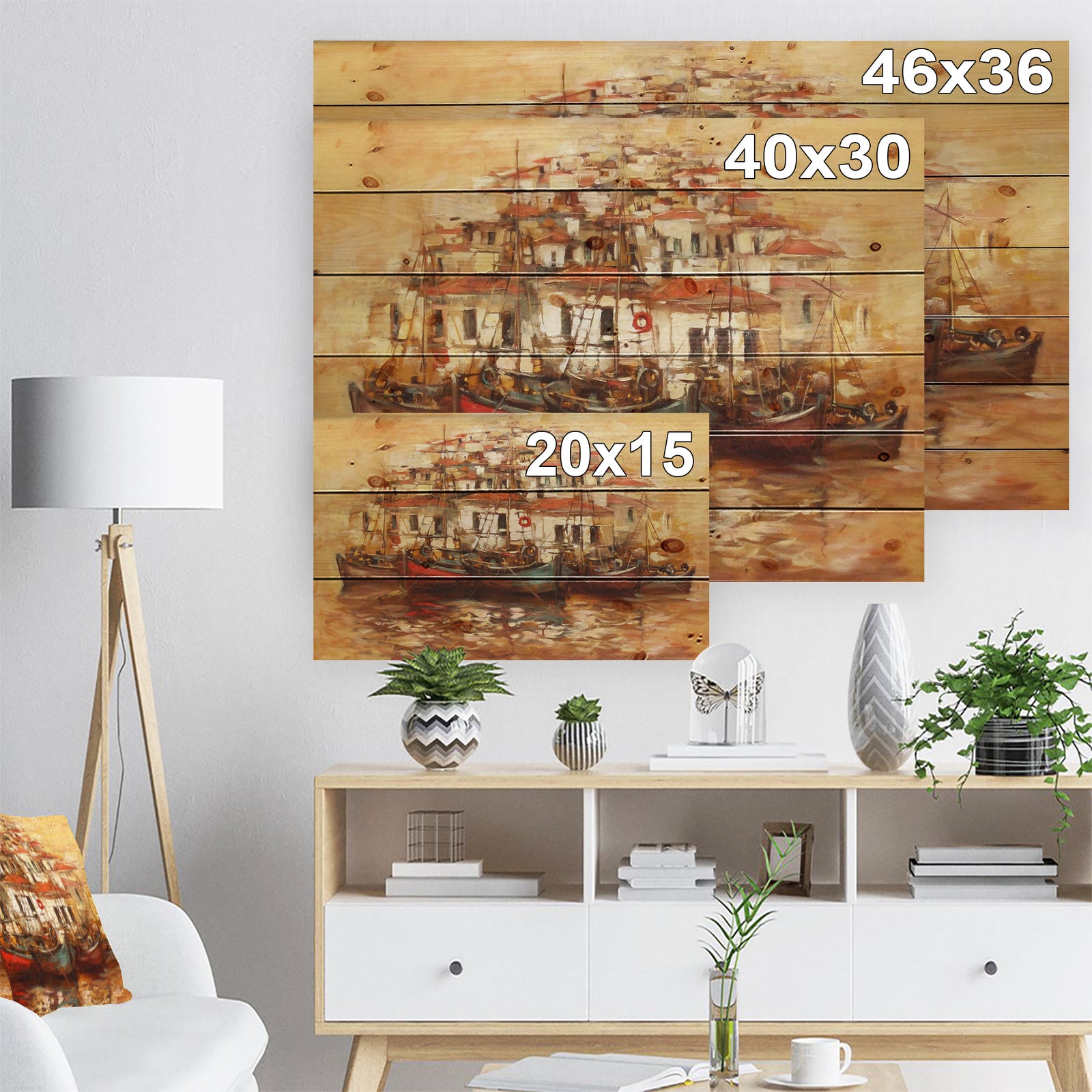Boats on the island harbor Oil Painting - Sea & Shore Painting Print on Natural Pine Wood