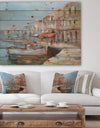 Five Old Fishing Boats in harbor - Sea & Shore Painting Print on Natural Pine Wood