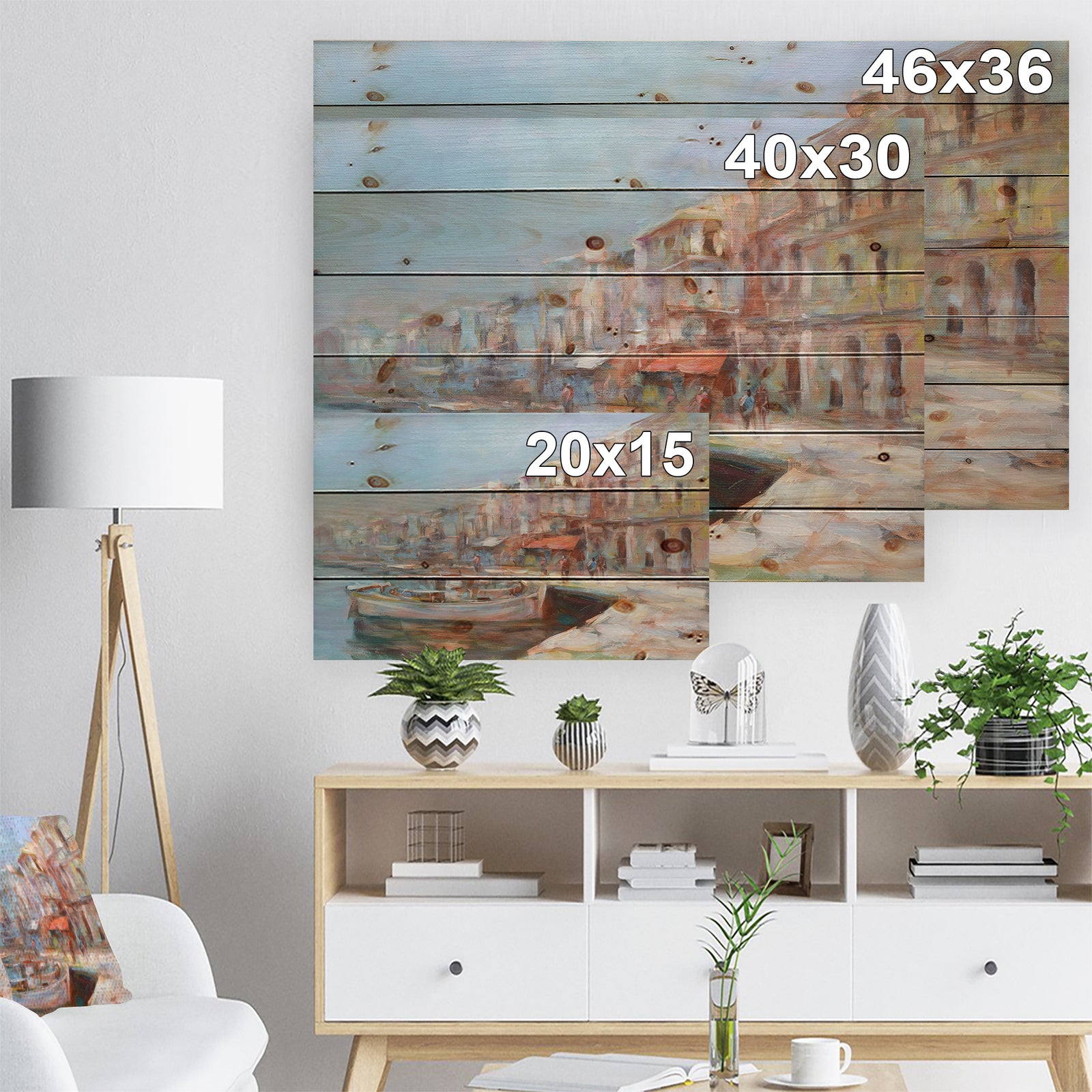 Five Old Fishing Boats in harbor - Sea & Shore Painting Print on Natural Pine Wood