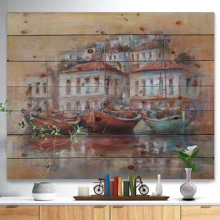 Calm Sea with boats in Harbor - Sea & Shore Painting Print on Natural Pine Wood