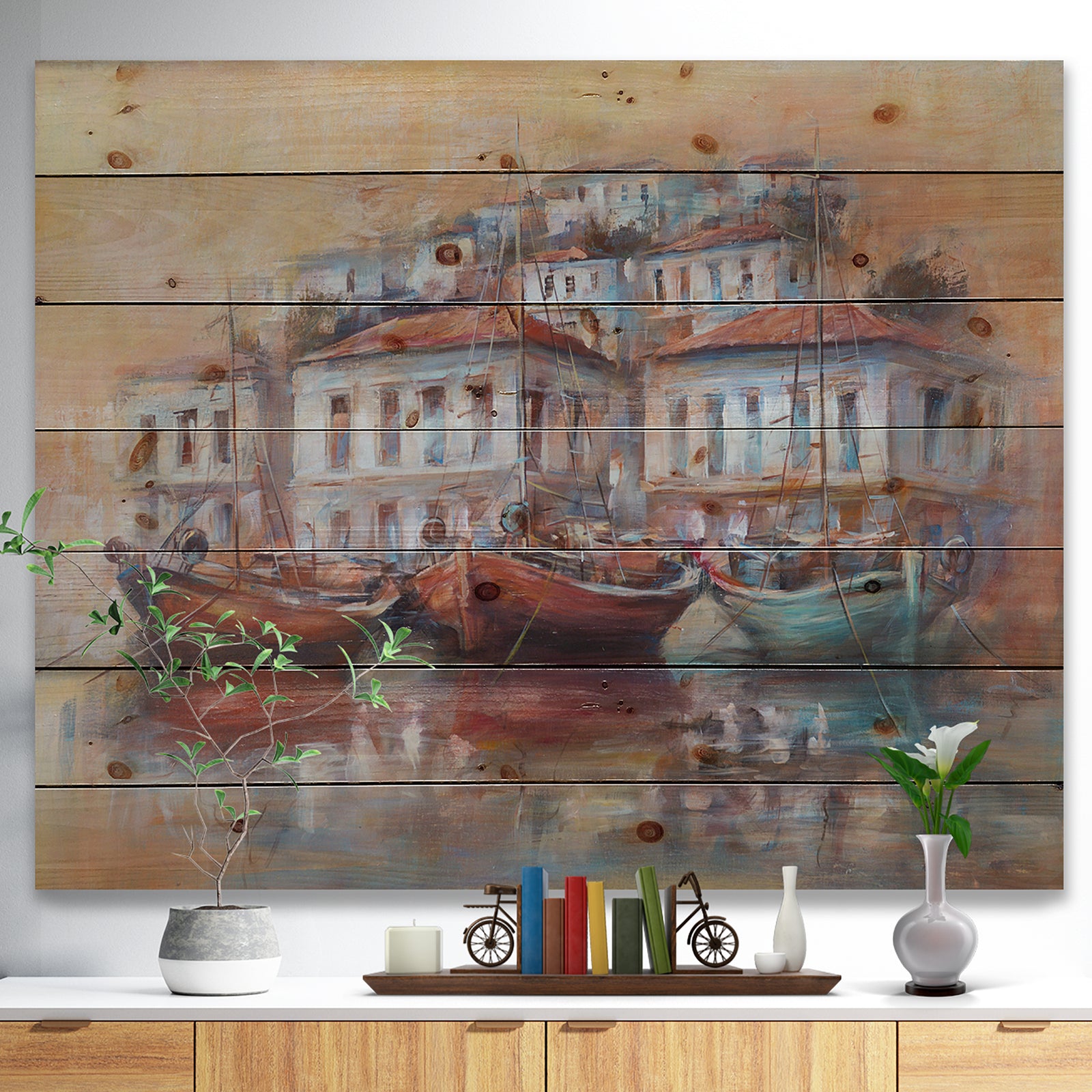 Calm Sea with boats in Harbor - Sea & Shore Painting Print on Natural Pine Wood