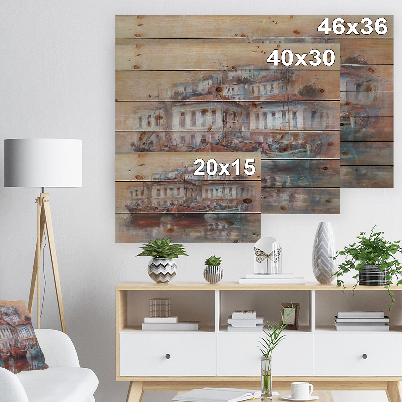 Calm Sea with boats in Harbor - Sea & Shore Painting Print on Natural Pine Wood