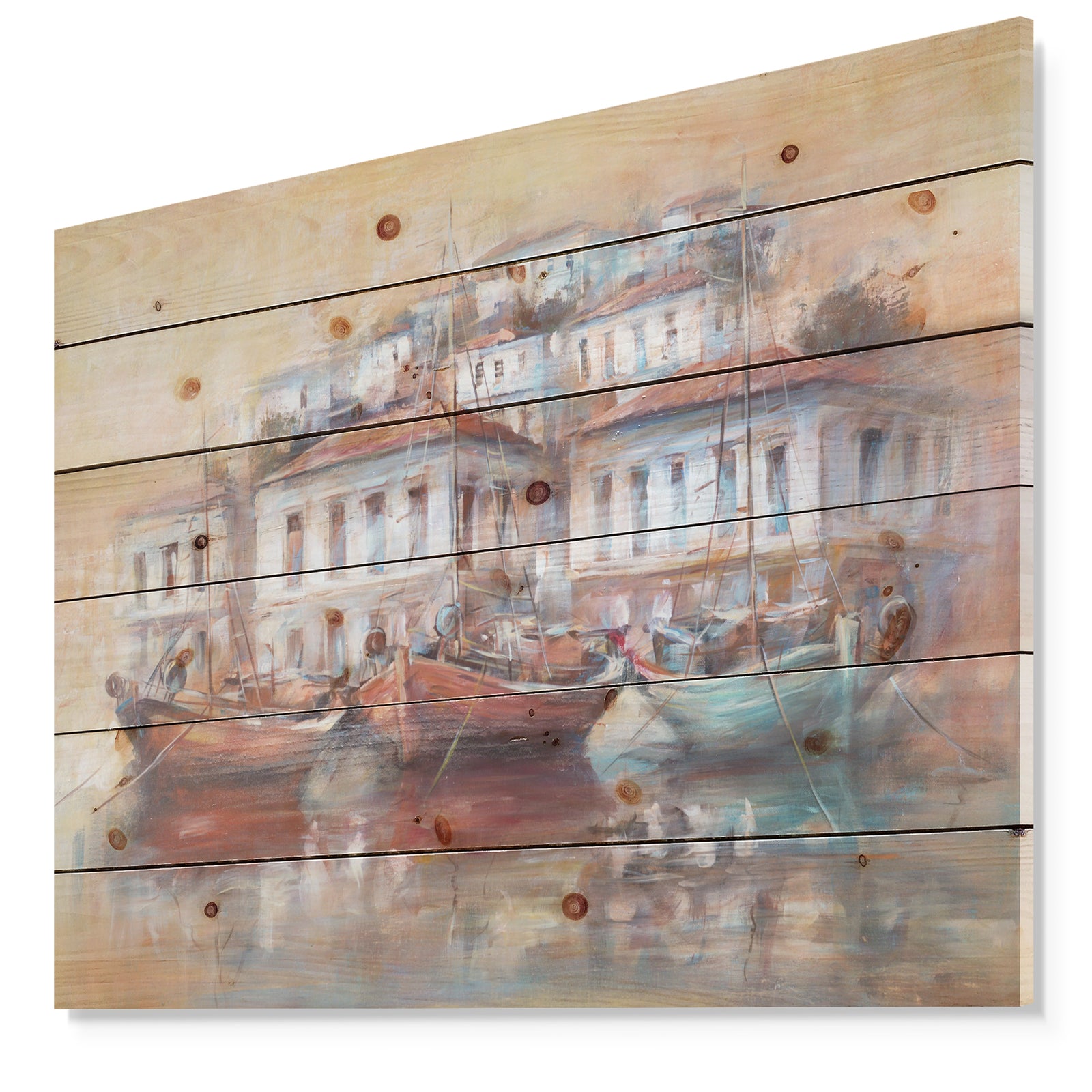 Calm Sea with boats in Harbor - Sea & Shore Painting Print on Natural Pine Wood
