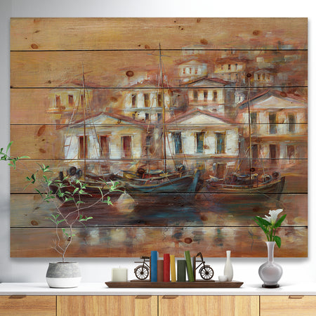 Three Old Fishing Boats in harbor - Sea & Shore Painting Print on Natural Pine Wood