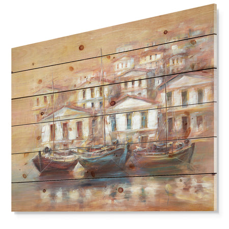 Three Old Fishing Boats in harbor - Sea & Shore Painting Print on Natural Pine Wood