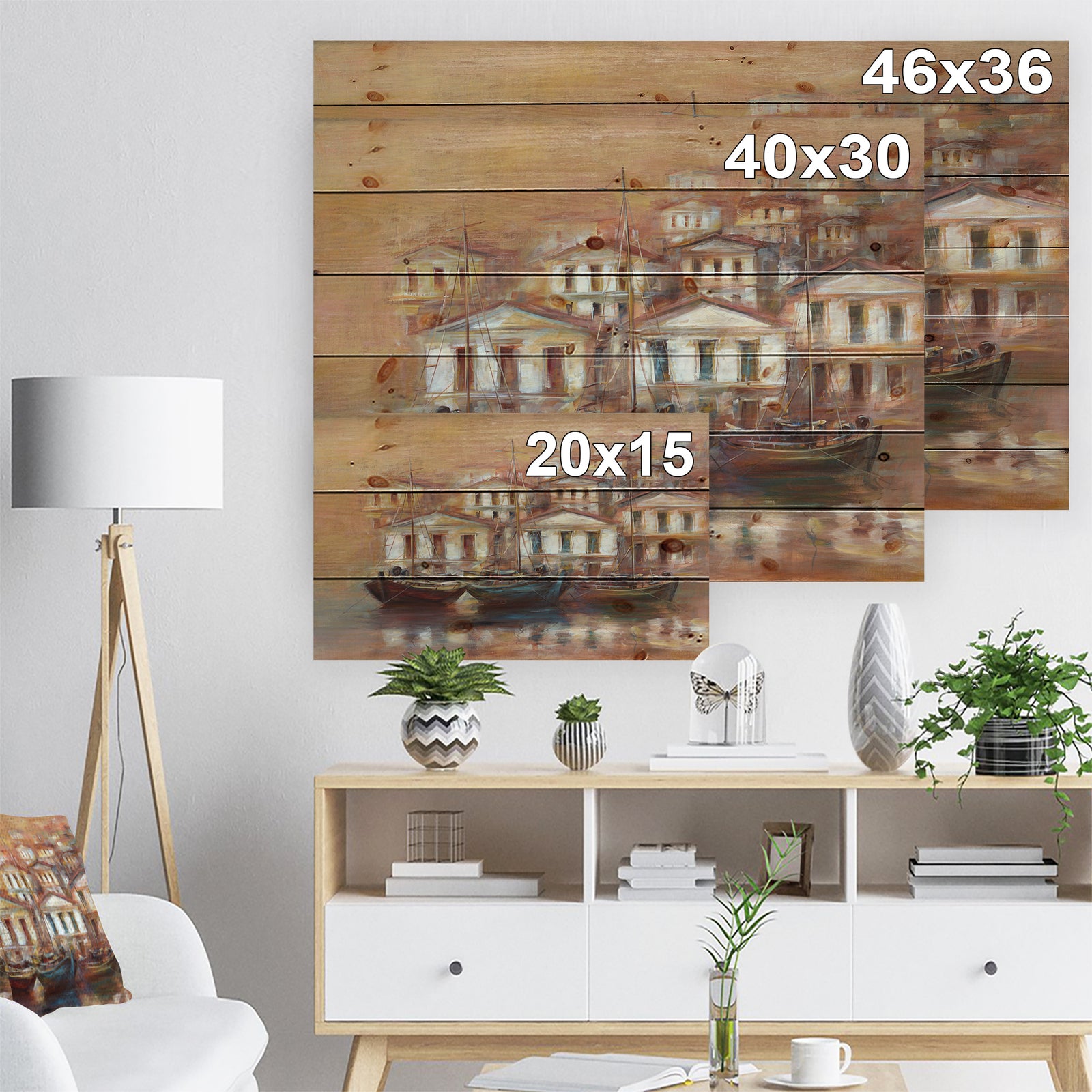 Three Old Fishing Boats in harbor - Sea & Shore Painting Print on Natural Pine Wood