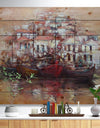 Four Boats At Pier Near Village - Sea & Shore Painting Print on Natural Pine Wood