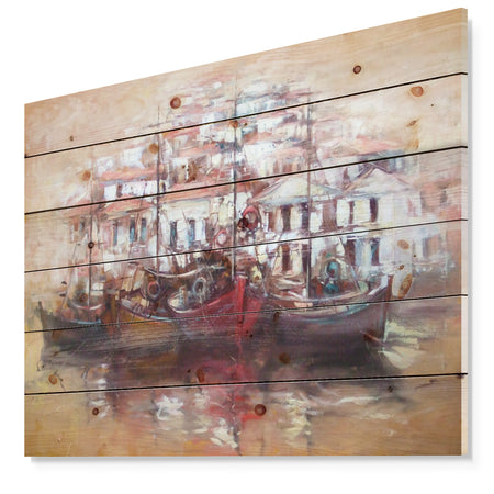 Four Boats At Pier Near Village - Sea & Shore Painting Print on Natural Pine Wood