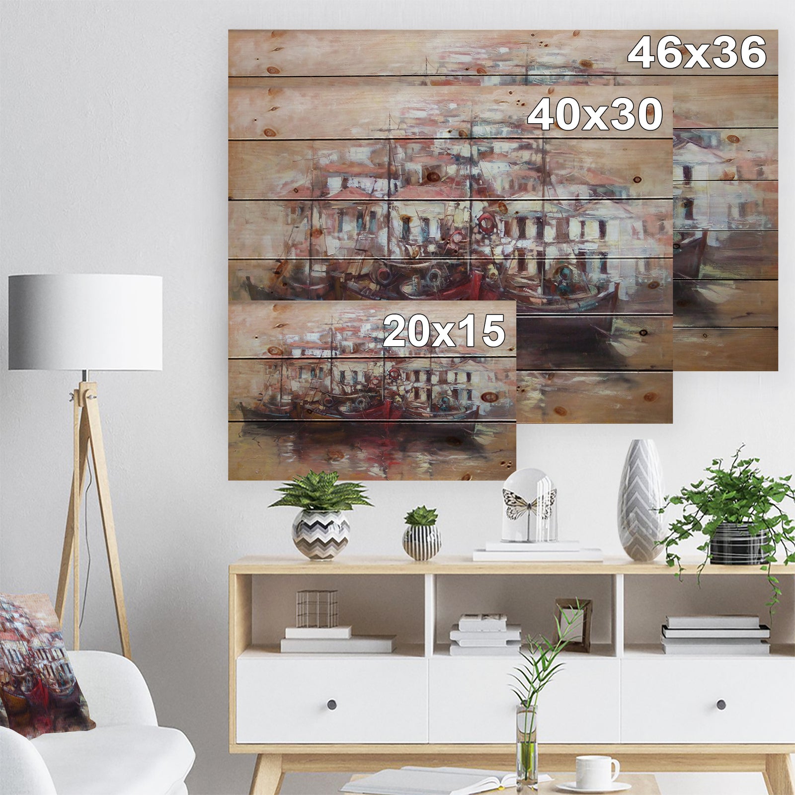 Four Boats At Pier Near Village - Sea & Shore Painting Print on Natural Pine Wood
