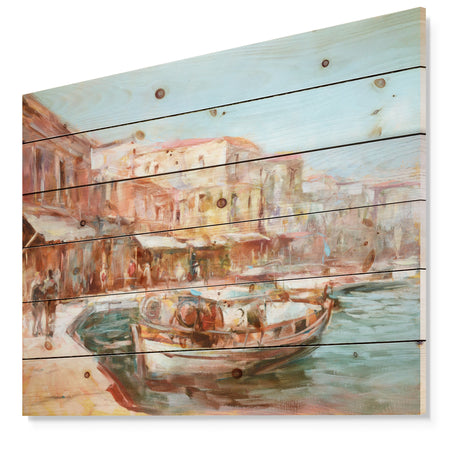 Two Fishing Boat in Village View - Sea & Shore Painting Print on Natural Pine Wood