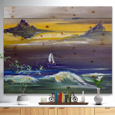 Sailing yacht in storm - Sea & Shore Painting Print on Natural Pine Wood