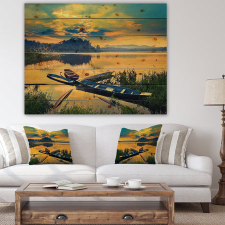 Boats on Water Twilight after Sunset - Sea & Shore Painting Print on Natural Pine Wood