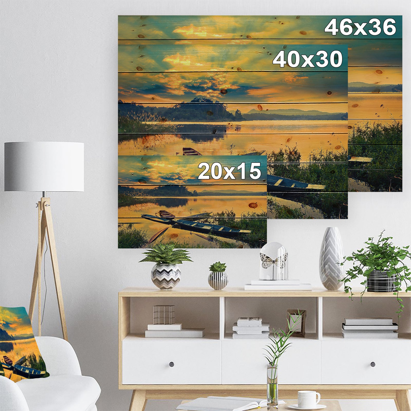 Boats on Water Twilight after Sunset - Sea & Shore Painting Print on Natural Pine Wood