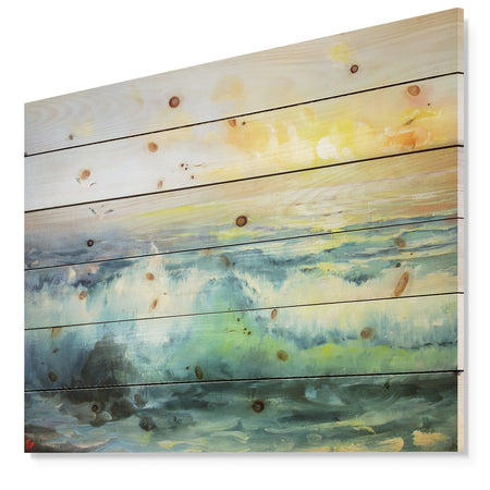 Small Wave in Sea Sunset - Contemporary Sea & Shore Painting Print on Natural Pine Wood