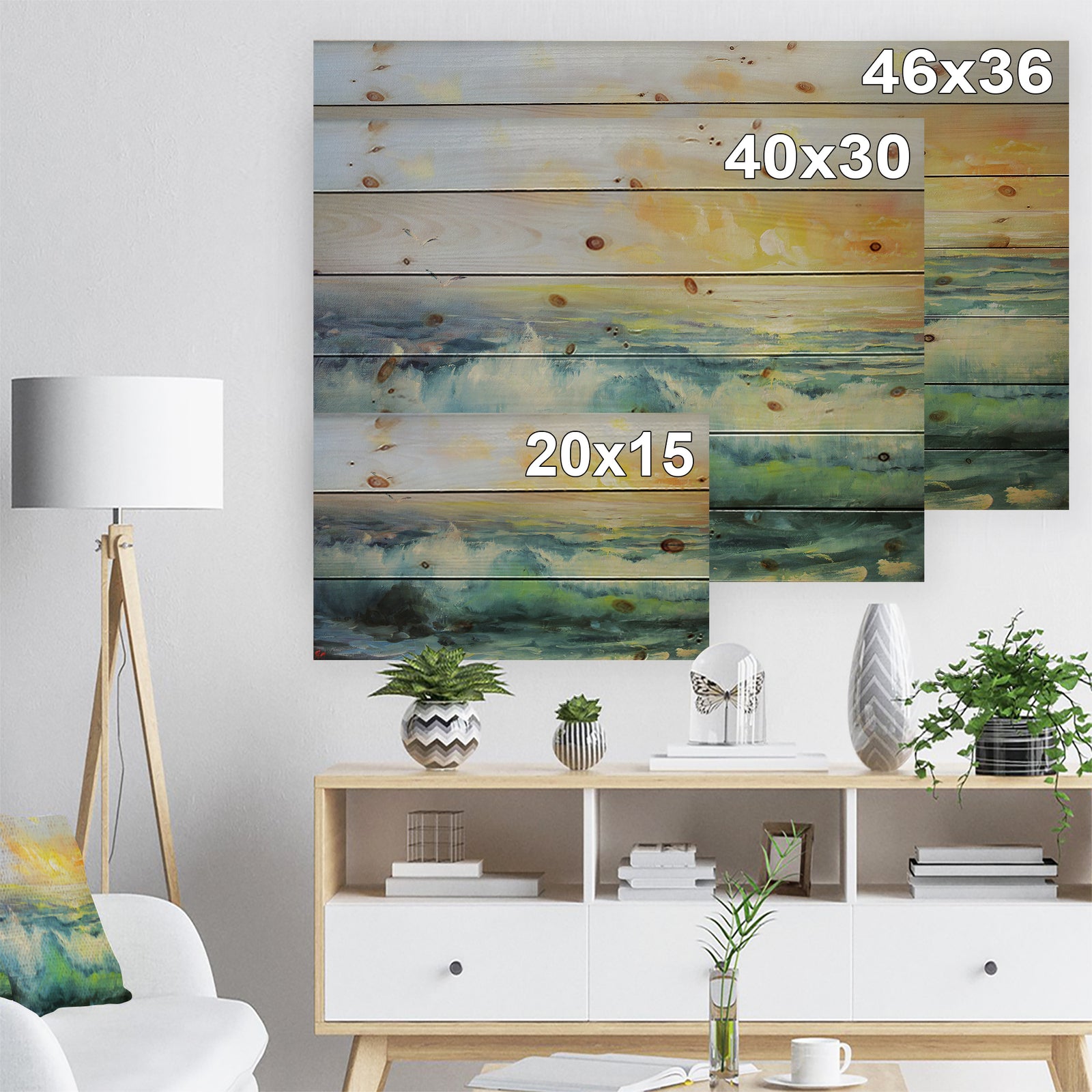 Small Wave in Sea Sunset - Contemporary Sea & Shore Painting Print on Natural Pine Wood