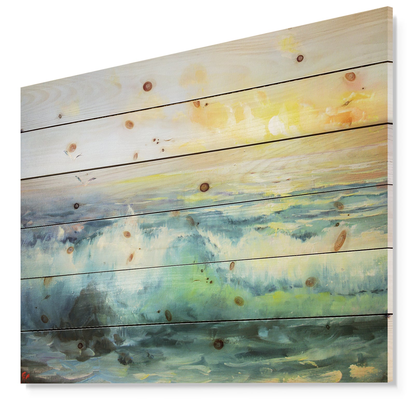 Small Wave in Sea Sunset - Contemporary Sea & Shore Painting Print on Natural Pine Wood