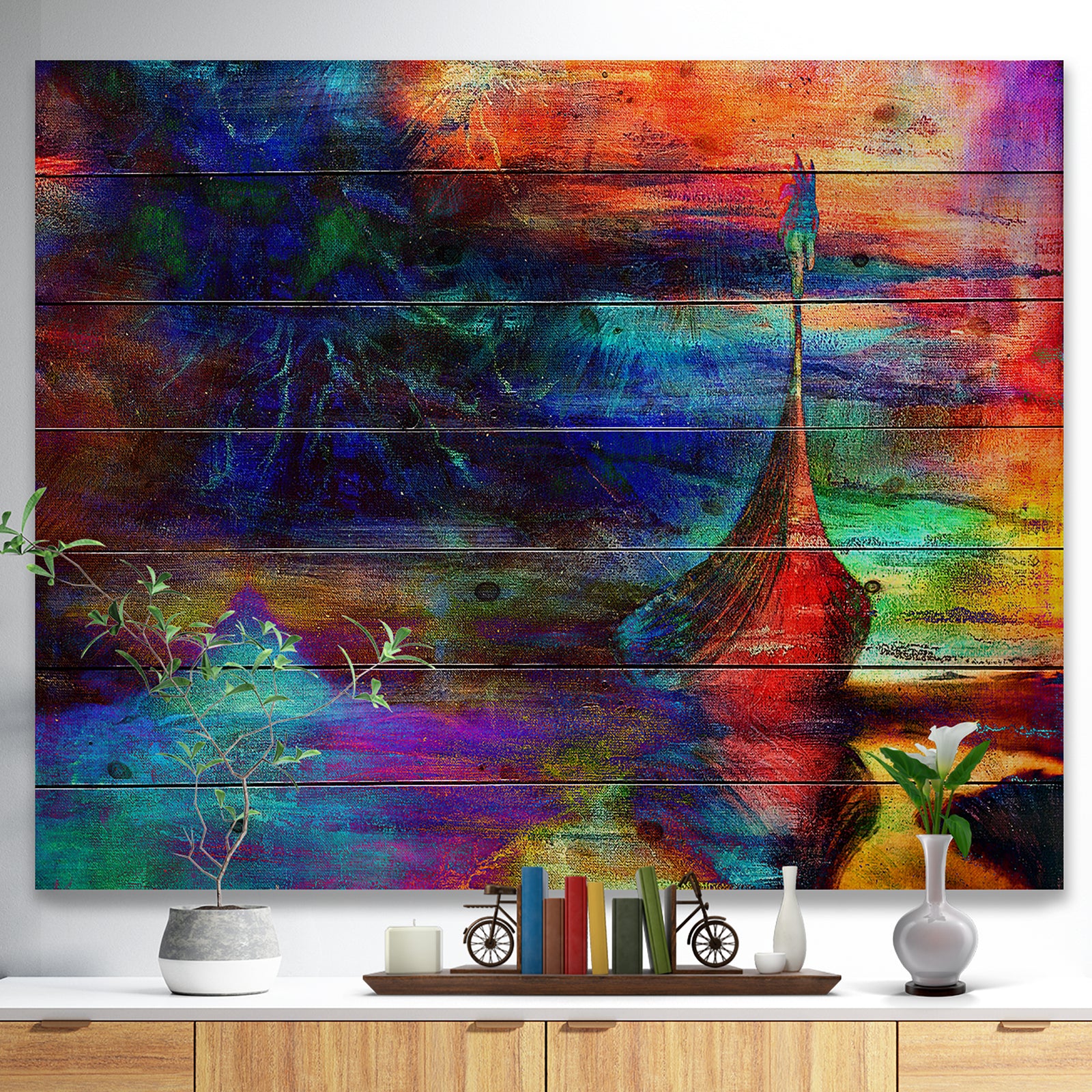 Boat with Wood Dragon - Sea & Shore Painting Print on Natural Pine Wood