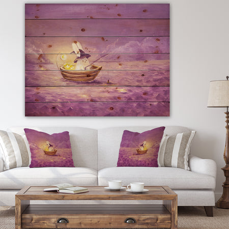 Rabbit catches stars in the sea - Sea & Shore Painting Print on Natural Pine Wood