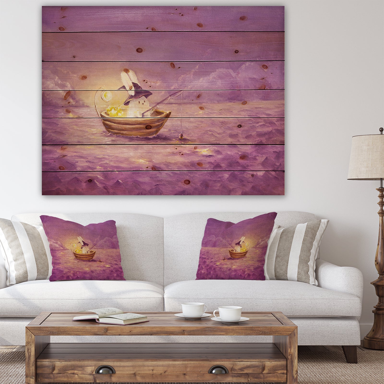 Rabbit catches stars in the sea - Sea & Shore Painting Print on Natural Pine Wood
